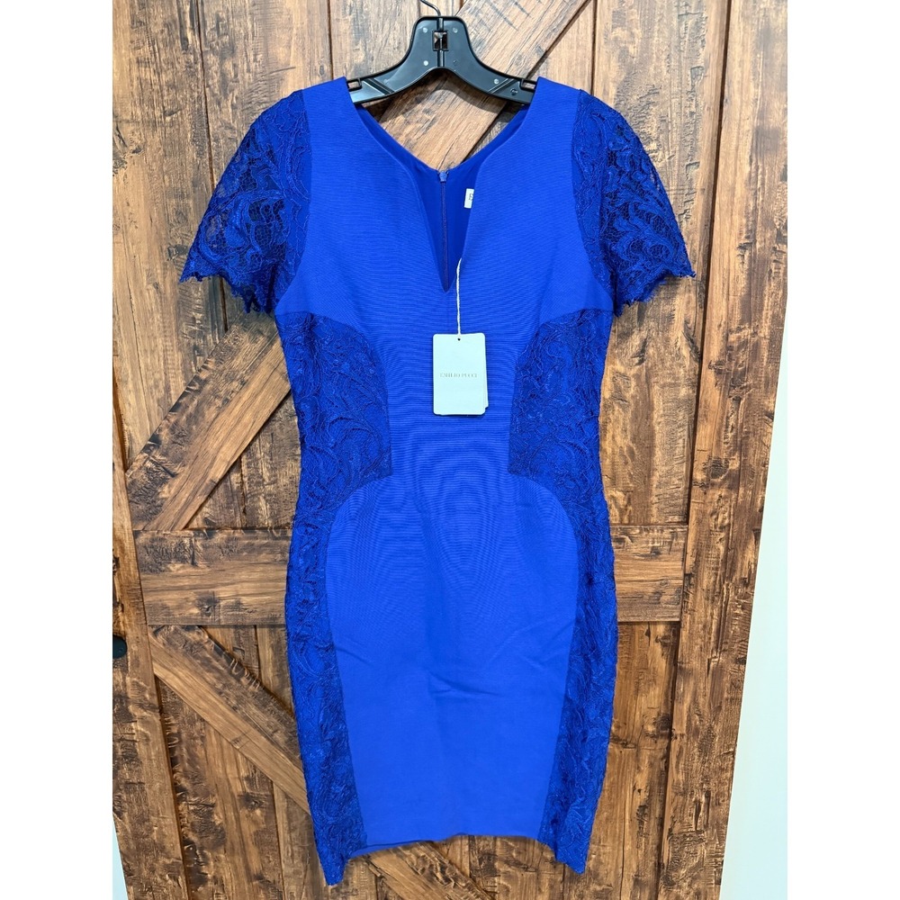 Emilio Pucci Sheath Dress Women's 44 (M-L) Blue Lace Trim Side Panels Stretch